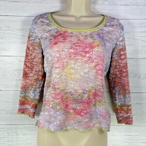 VTG Boston proper medium Y2K eyelet women blouse pink blue cottage romantic USA